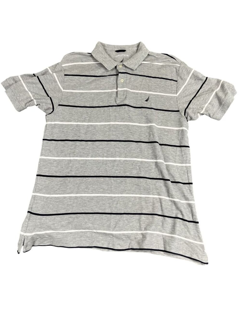 Nautica Mens Gray Striped Short Sleeve Polo Shirt Classic Fit Size L